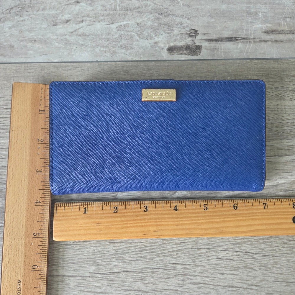 Kate Spade Wallet Bifold Slim Womens Blue Saffiano Leather Gold Logo Zip Pocket - Picture 5 of 11